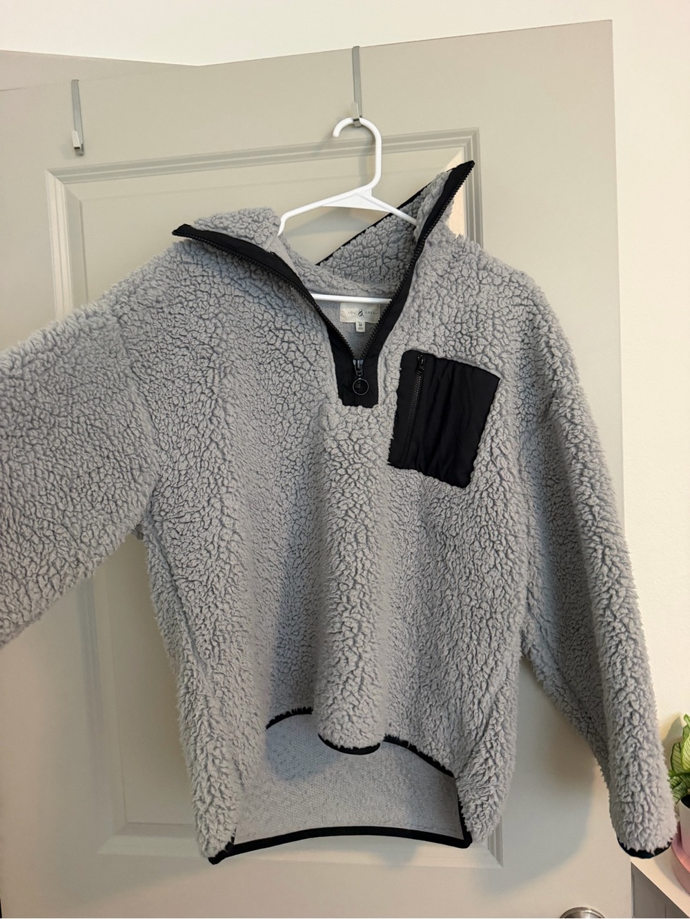 Lou & Grey Light Gray Sherpa Pullover with Black Zip Pocket